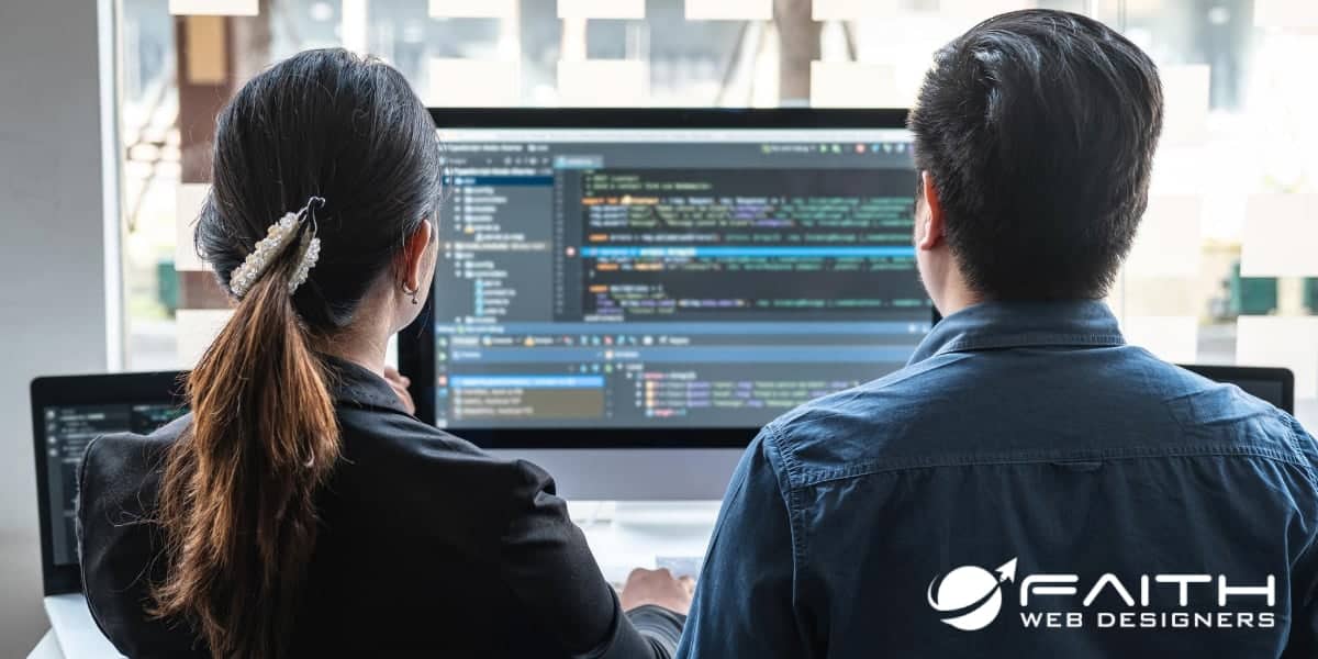 Man and women looking at website code