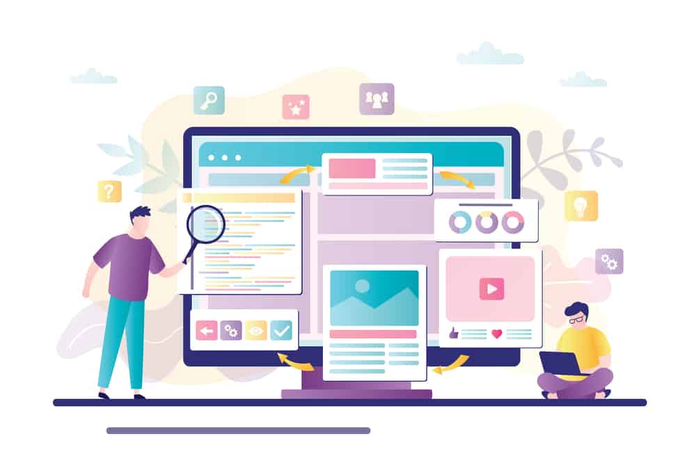 Two businessman builds and develop web page design on monitor. Teamwork, construction and web builders concept. Male characters use magnifying glass and laptop for analyses