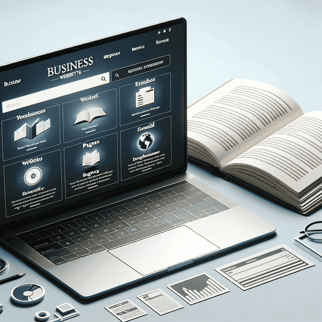 Photo of a laptop displaying a well-designed business website homepage with visible tabs indicating the various essential pages. Next to the laptop is a book with pages visibly missing, emphasizing the comparison.