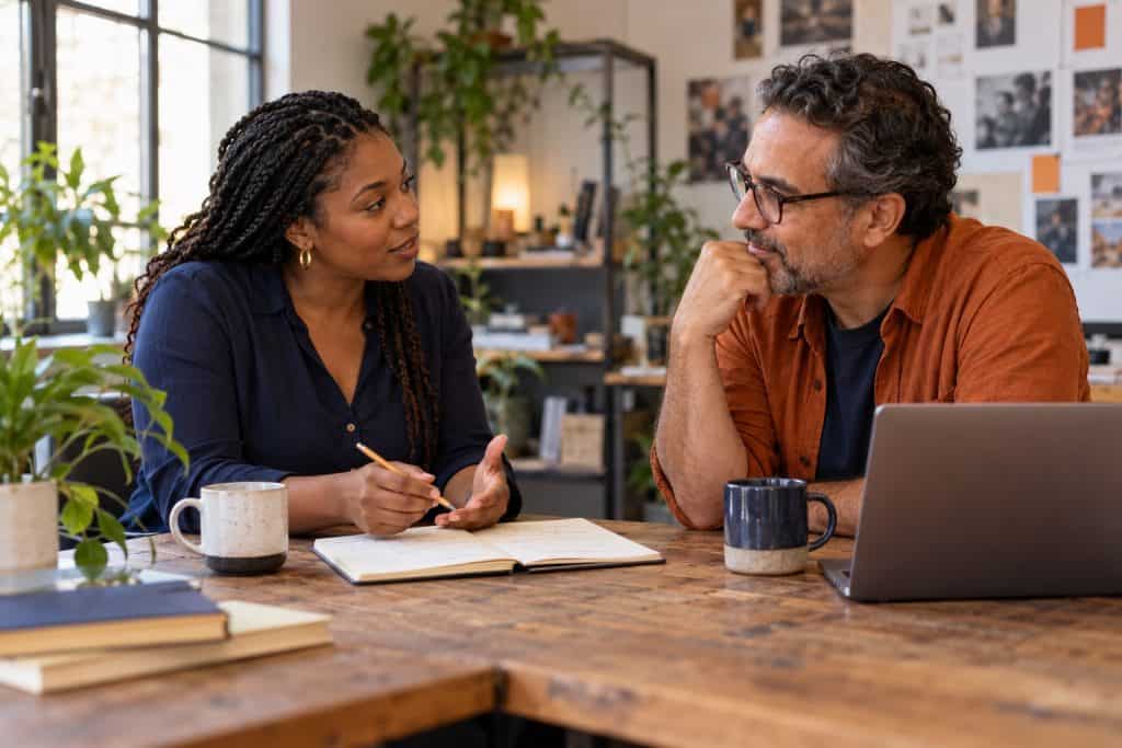 Two professionals discussing campaign ideas over handwritten notes at a shared workspace.