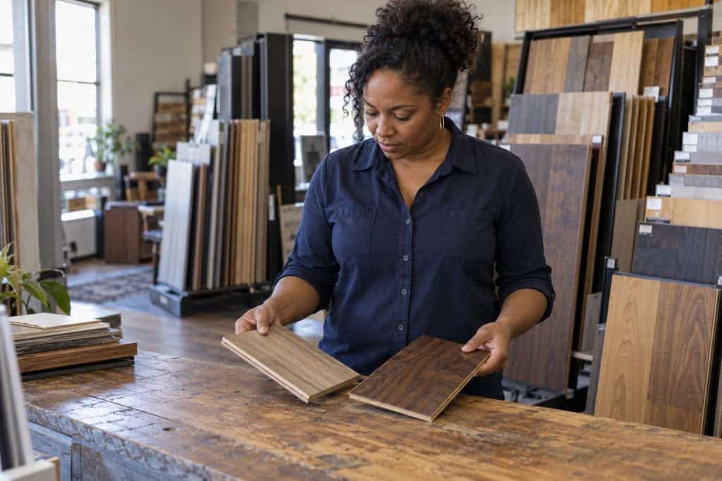 A woman reviewing wood flooring samples at a showroom counter.